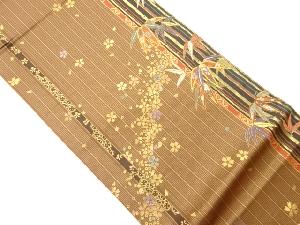 縞に桜・竹・笹模様織出し袋帯